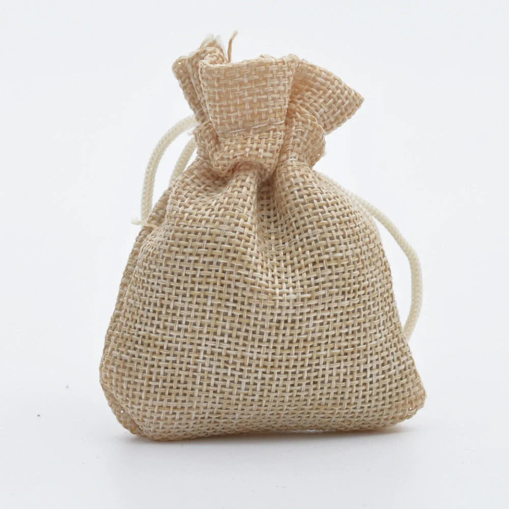 Mini drawstring linen jewelry bag with rope closure in various colors