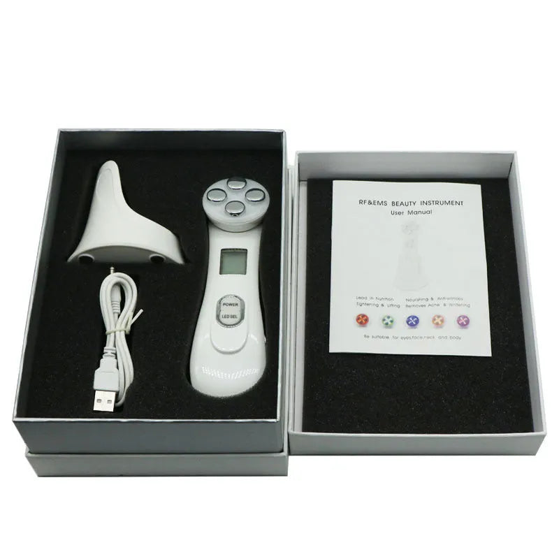 Facial LED light beauty instrument made of ABS, 165x45x46mm, USB rechargeable with 750mAh battery.