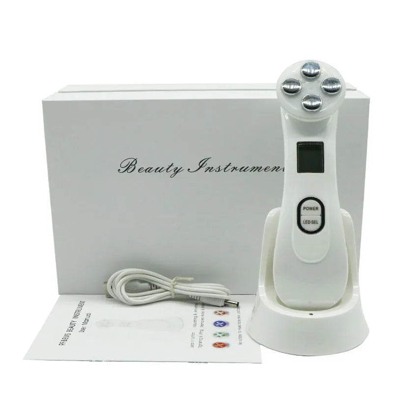 Facial LED light beauty instrument made of ABS, 165x45x46mm, USB rechargeable with 750mAh battery.