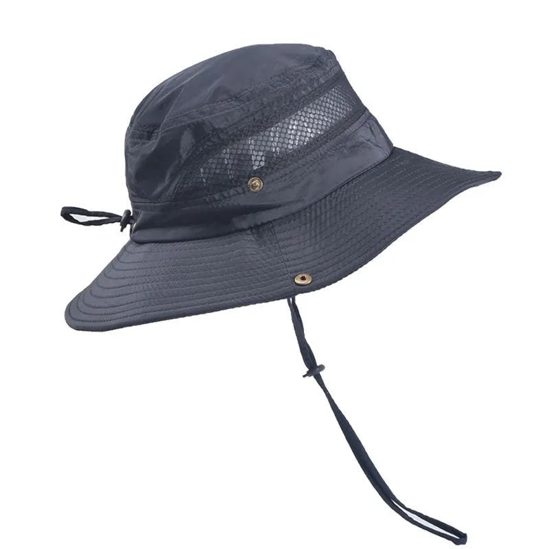 Men's Summer Sun Hat Polyester Twill Fisherman Hat with Big Eaves Flat Top Neutral Style for Outdoor Sun Protection, Available in Seven Colours Including Black, Navy, Beige, Army Green