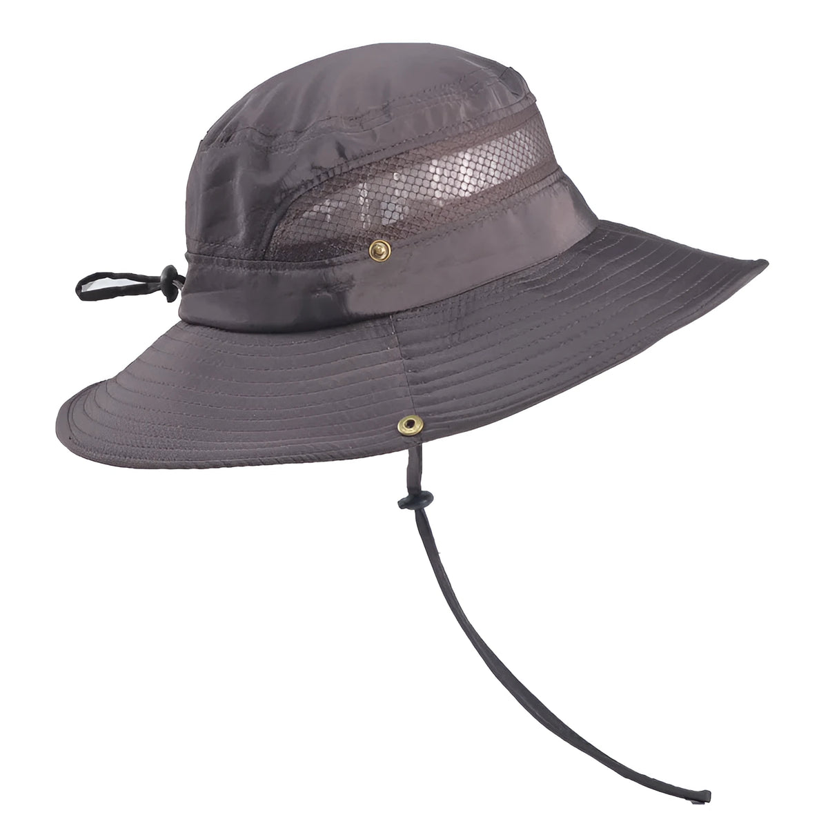 Men's polyester twill fisherman sun hat with big eaves and flat top, shown in black.