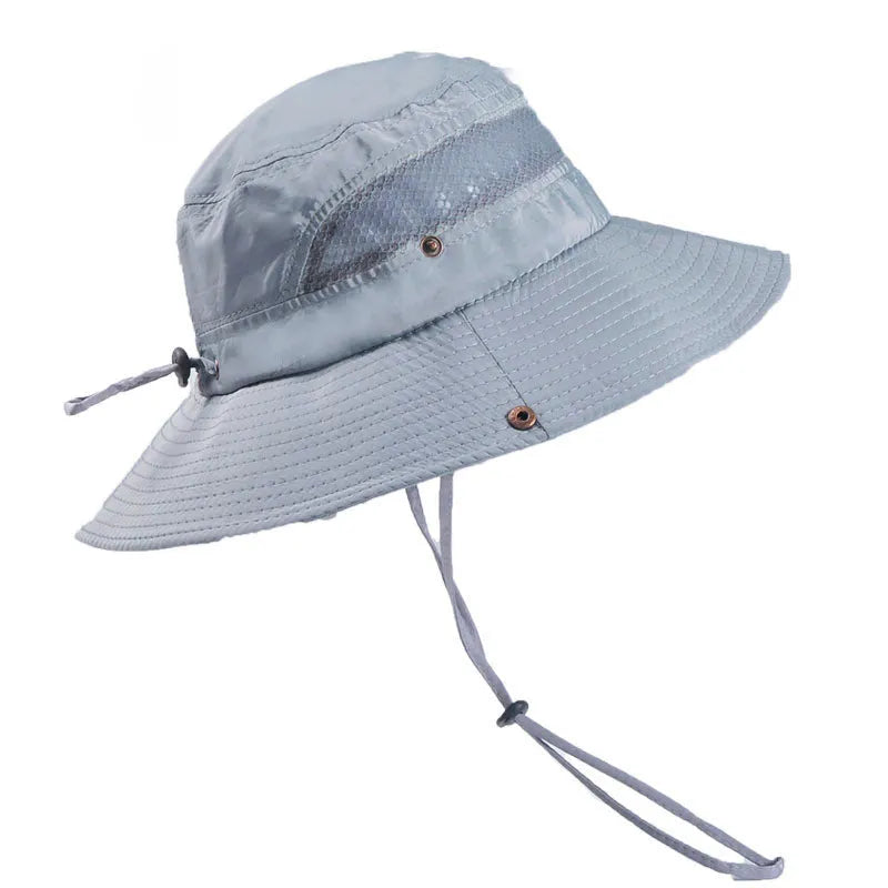 Men's polyester twill fisherman sun hat with big eaves and flat top, shown in black.