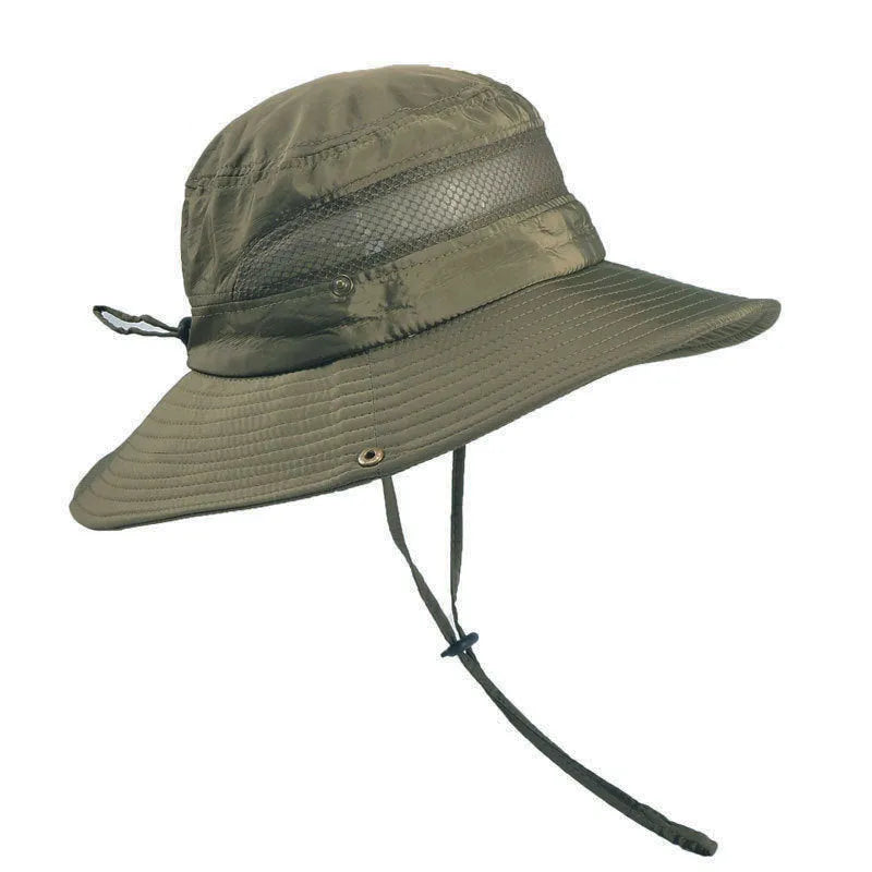 Men's polyester twill fisherman sun hat with big eaves and flat top, shown in black.