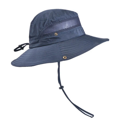 Men's polyester twill fisherman sun hat with big eaves and flat top, shown in black.