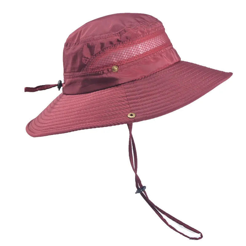 Men's polyester twill fisherman sun hat with big eaves and flat top, shown in black.