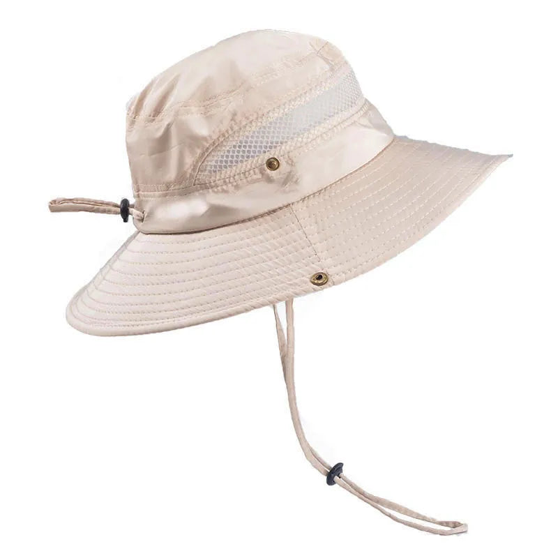 Men's polyester twill fisherman sun hat with big eaves and flat top, shown in black.