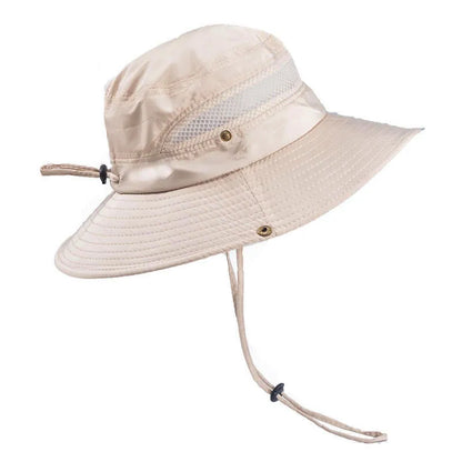 Men's polyester twill fisherman sun hat with big eaves and flat top, shown in black.