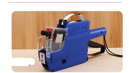 Manual supermarket price coding machine in red, blue, or yellow with ink roller and paper rolls