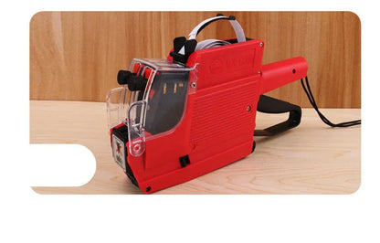 Manual supermarket price coding machine in red, blue, or yellow with ink roller and paper rolls