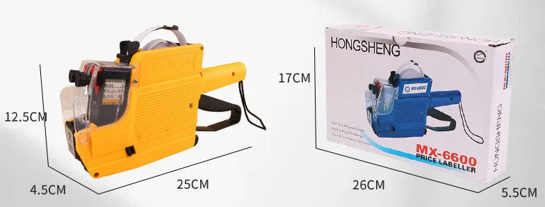 Manual supermarket price coding machine in red, blue, or yellow with ink roller and paper rolls