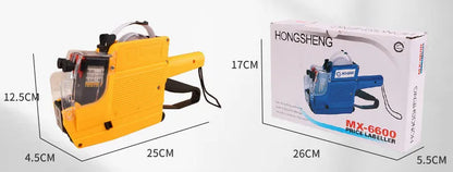 Manual supermarket price coding machine in red, blue, or yellow with ink roller and paper rolls