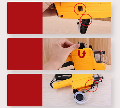 Manual supermarket price coding machine in red, blue, or yellow with ink roller and paper rolls