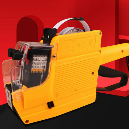 Manual supermarket price coding machine in red, blue, or yellow with ink roller and paper rolls