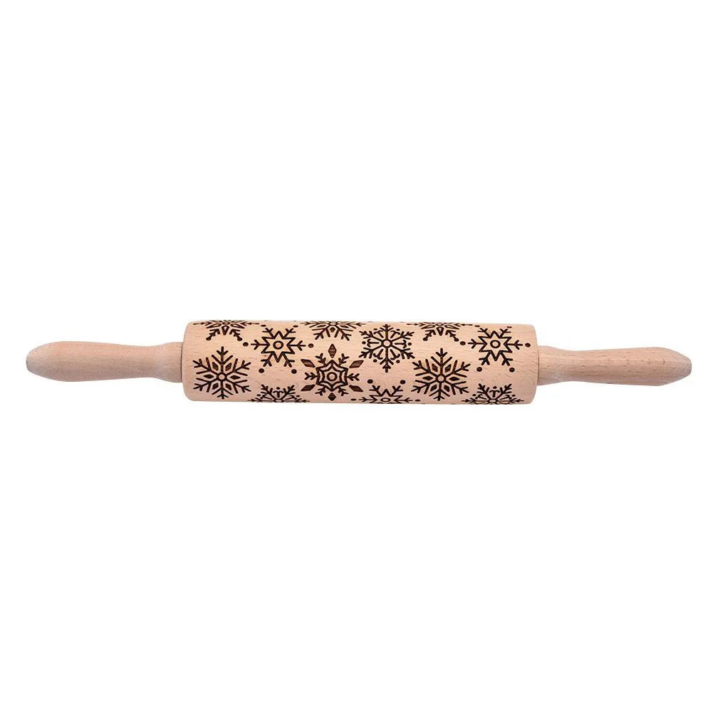 Beautifully engraved Christmas snowflake-patterned rolling pin for creating intricate designs on cookies, pastries, and soft candies