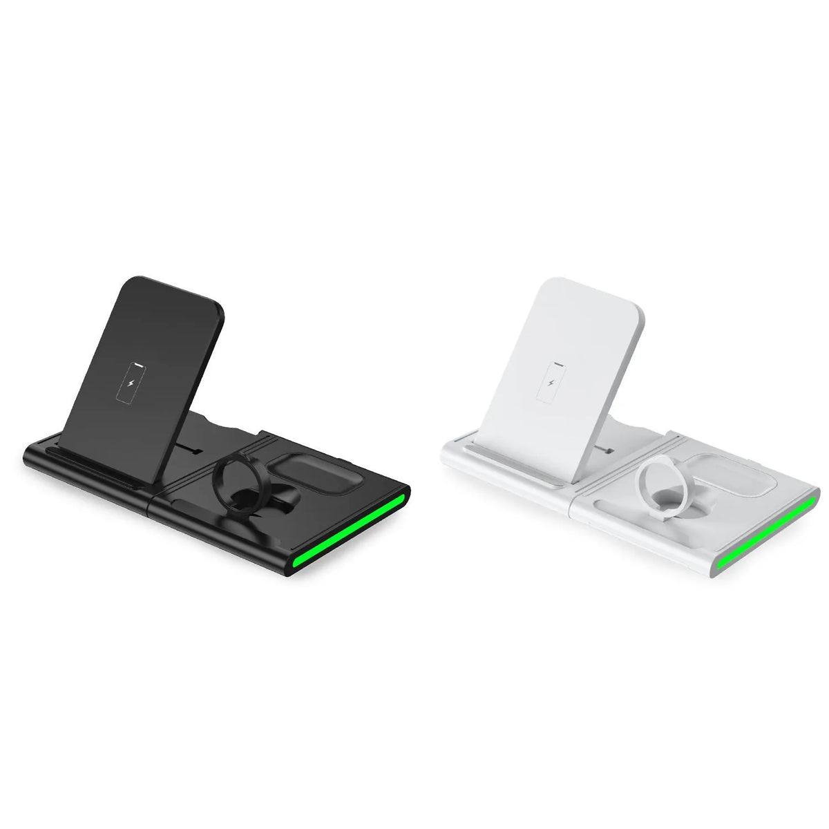 Detachable wireless charging stand in white or black with 9V output, 1200mA current and indicator light.