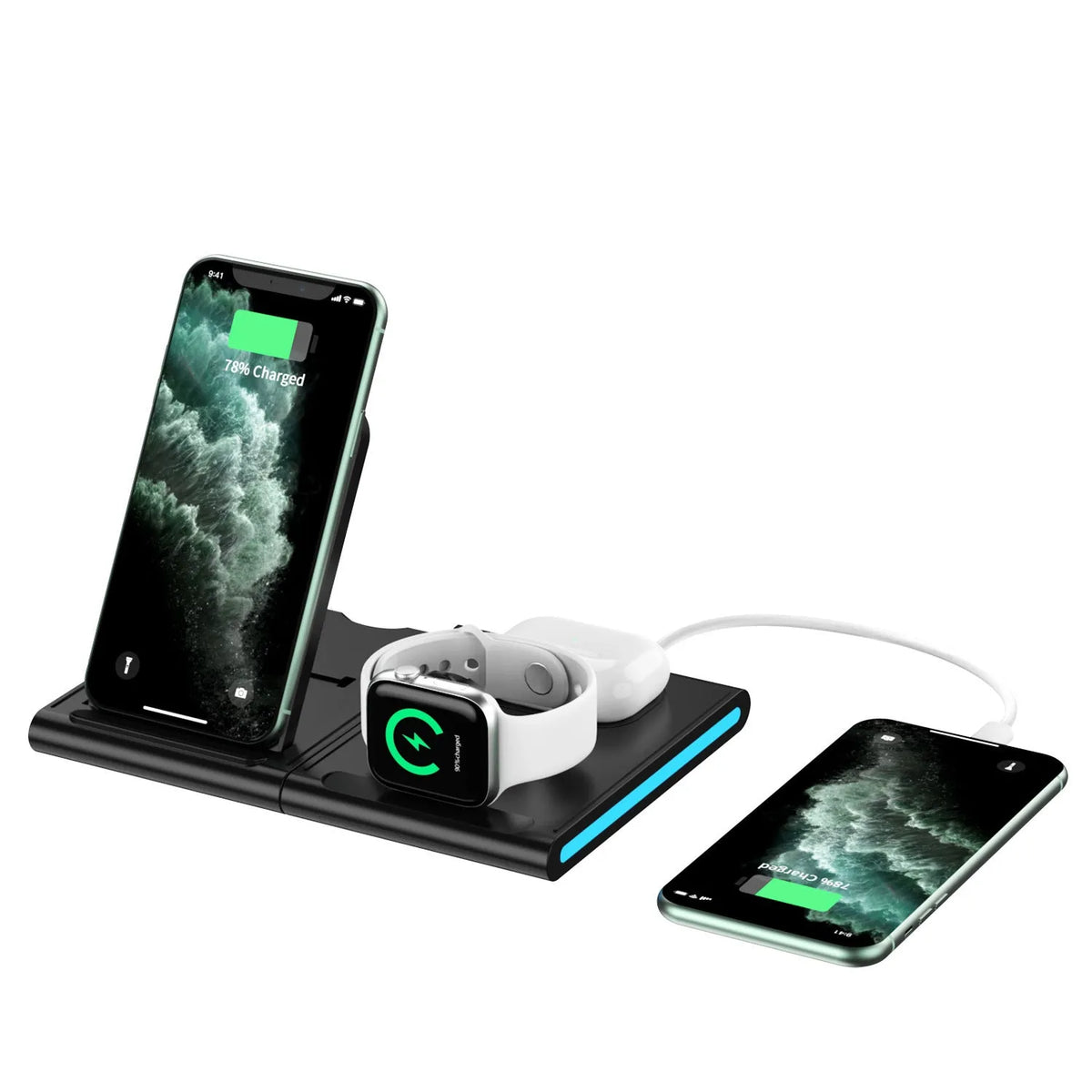 Detachable wireless charging stand in white or black with 9V output, 1200mA current and indicator light.