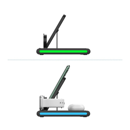 Detachable wireless charging stand in white or black with 9V output, 1200mA current and indicator light.