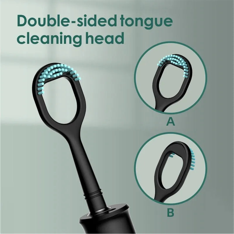 Black or green household dental scaler handle with three attachments and a charging cable on a storage tray.