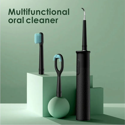 Black or green household dental scaler handle with three attachments and a charging cable on a storage tray.