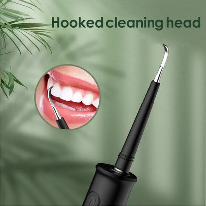 Black or green household dental scaler handle with three attachments and a charging cable on a storage tray.
