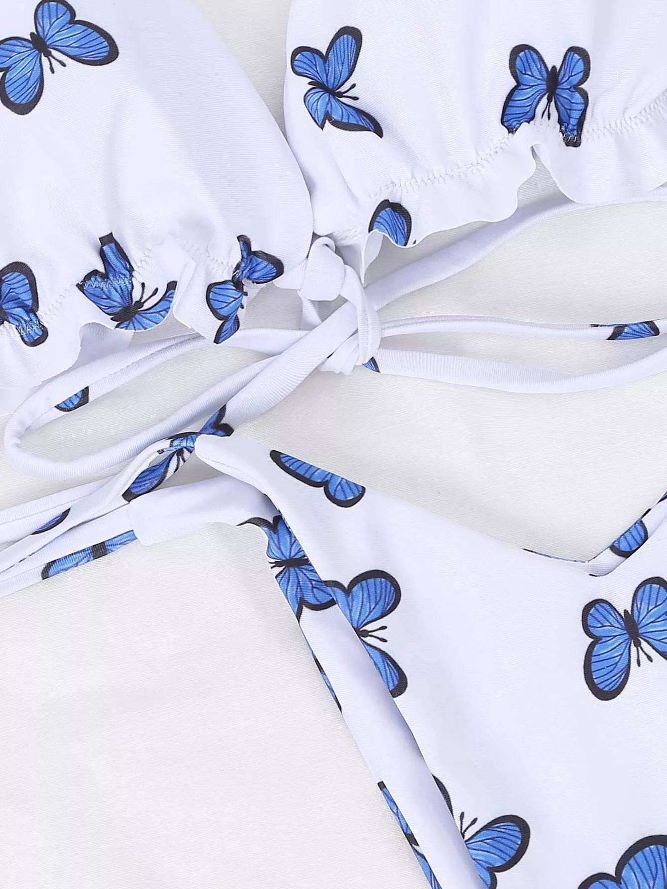 Women's butterfly print swimsuit with lace thong, white, sizes S M L