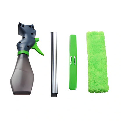 Green multi-function water spray brush with integrated glass wiper and extension pole