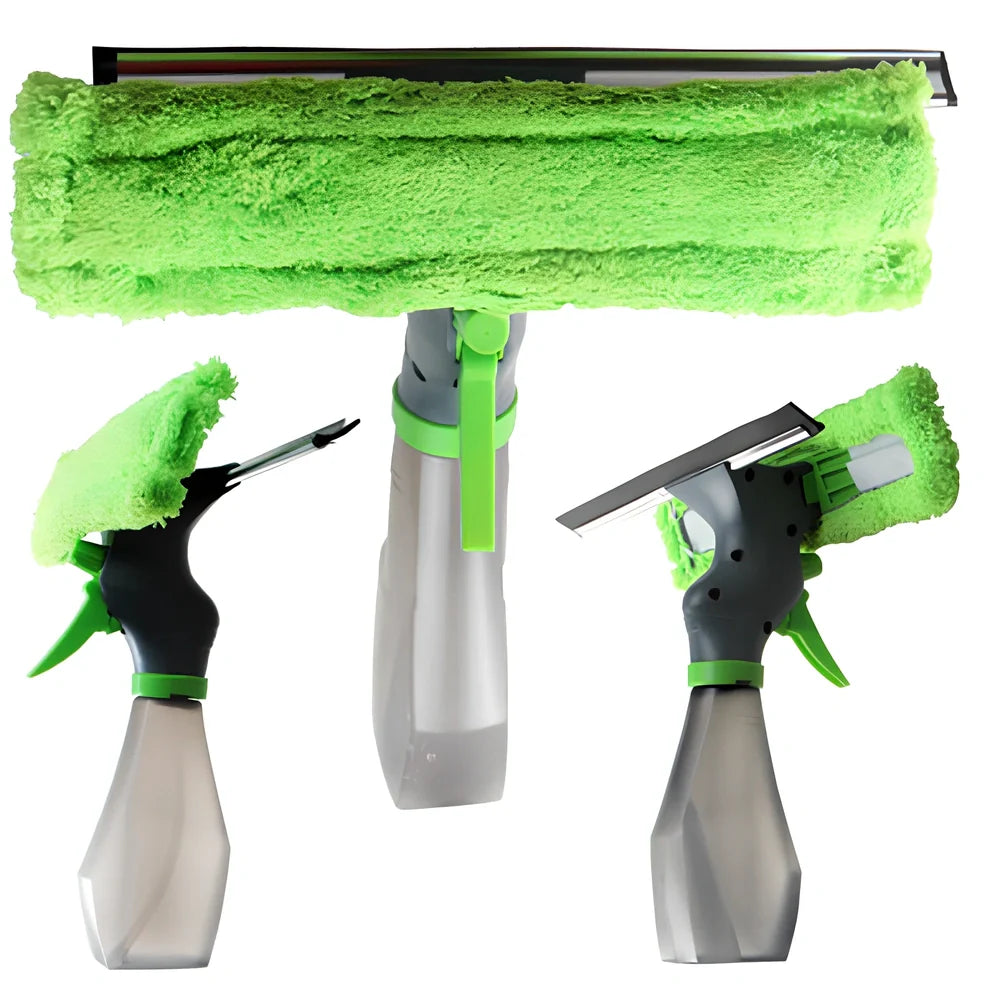 Green multi-function water spray brush with integrated glass wiper and extension pole