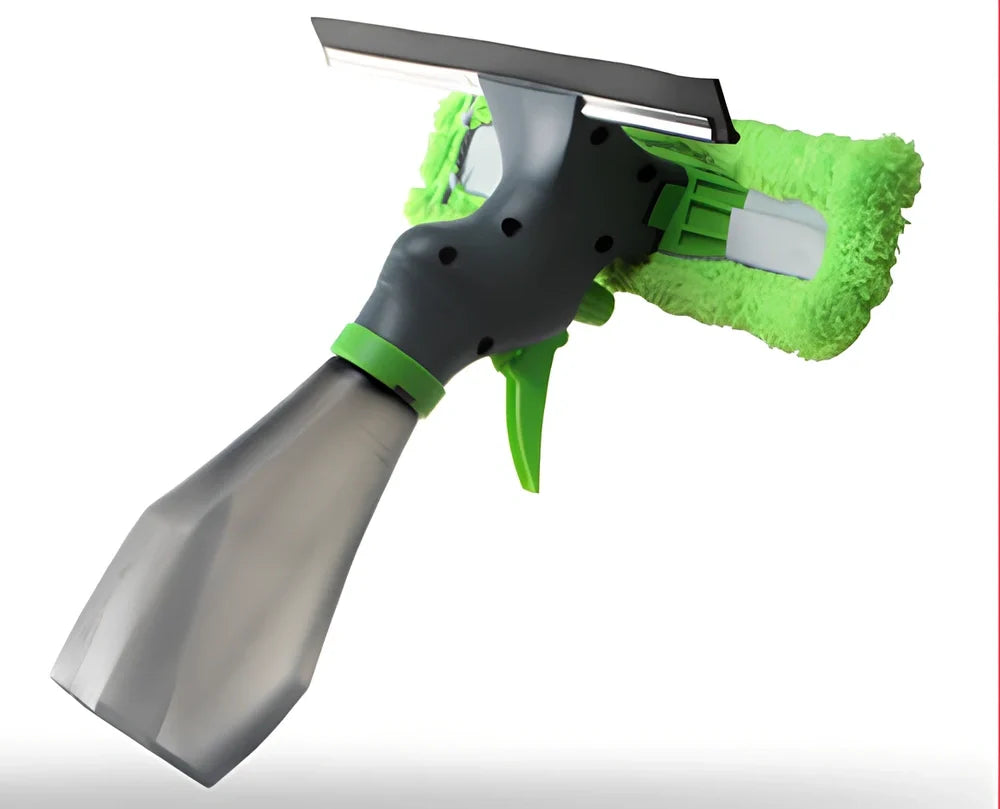 Green multi-function water spray brush with integrated glass wiper and extension pole
