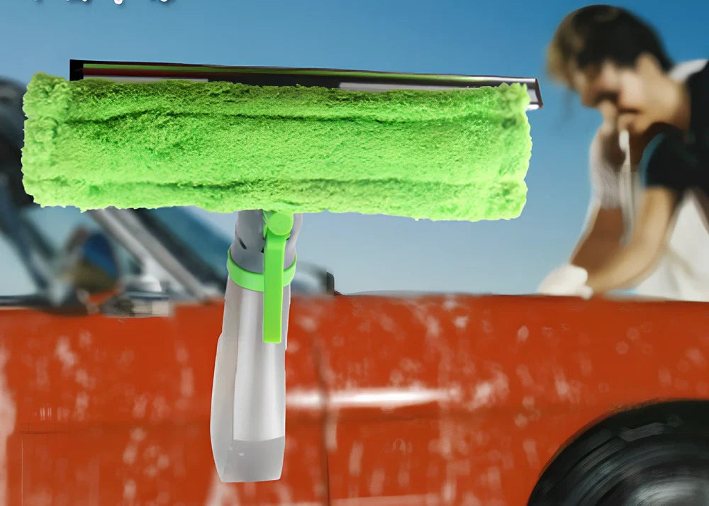 Green multi-function water spray brush with integrated glass wiper and extension pole