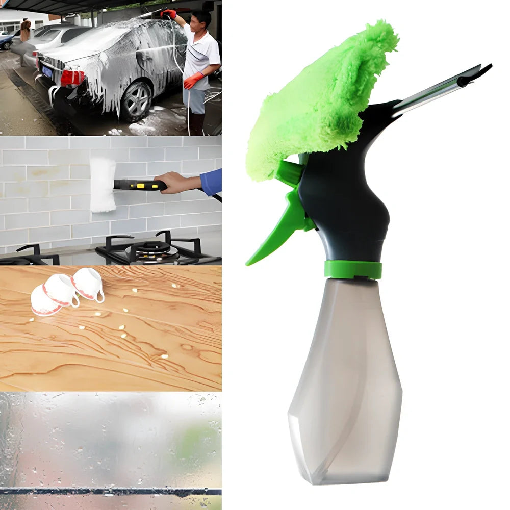 Green multi-function water spray brush with integrated glass wiper and extension pole
