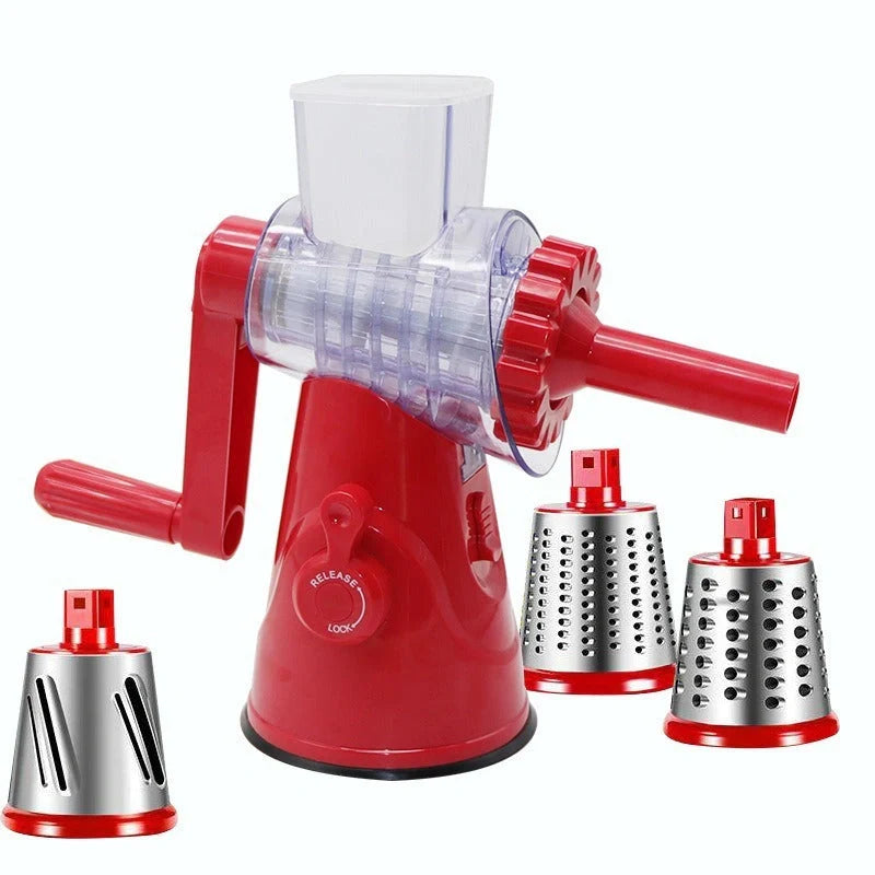 4-in-1 manual vegetable cutter with stainless steel blades for slicing, dicing, and grinding