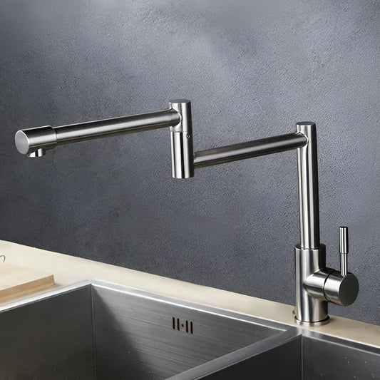 Silver stainless steel kitchen faucet with a single lever and 360-degree rotating spout on a sink.