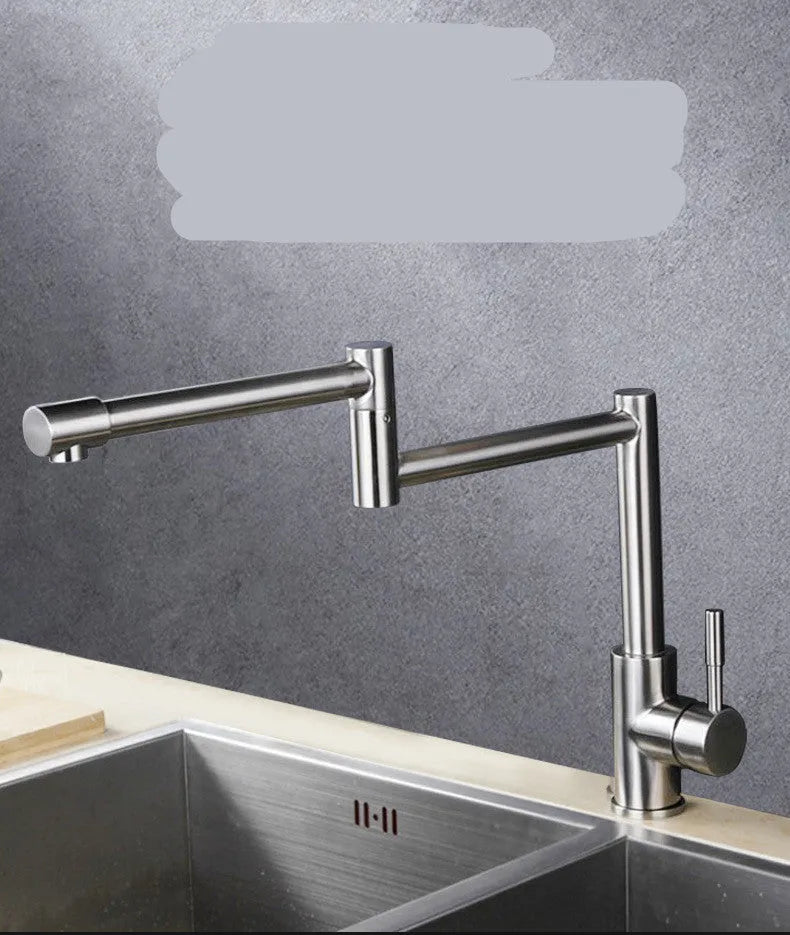 Silver stainless steel kitchen faucet with a single lever and 360-degree rotating spout on a sink.