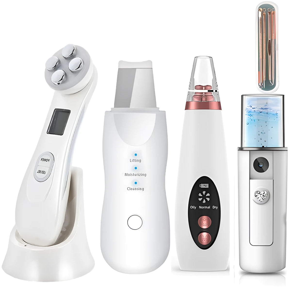 Facial LED light beauty instrument made of ABS, 165x45x46mm, USB rechargeable with 750mAh battery.