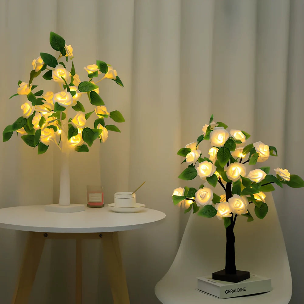 Rose LED flower tree lamp with 24 white LEDs on 550mm plastic structure for home decoration