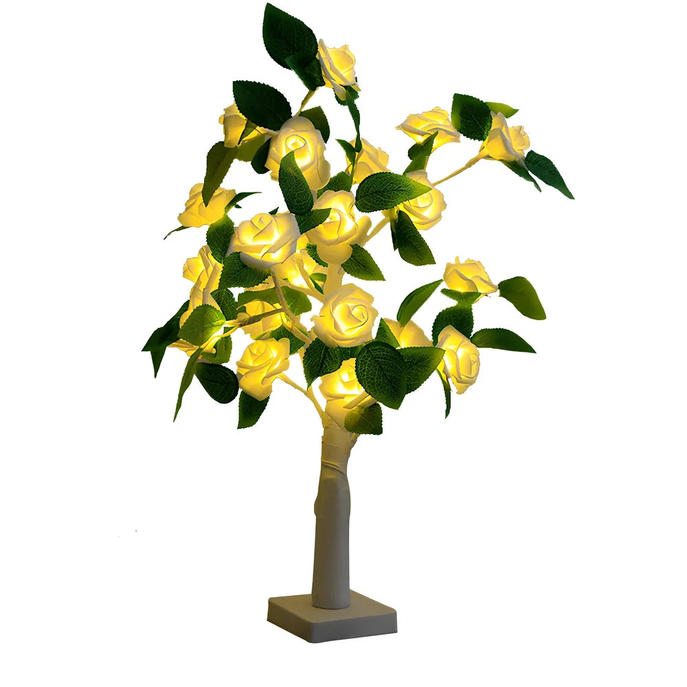 Rose LED flower tree lamp with 24 white LEDs on 550mm plastic structure for home decoration
