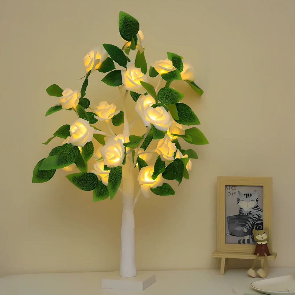 Rose LED flower tree lamp with 24 white LEDs on 550mm plastic structure for home decoration