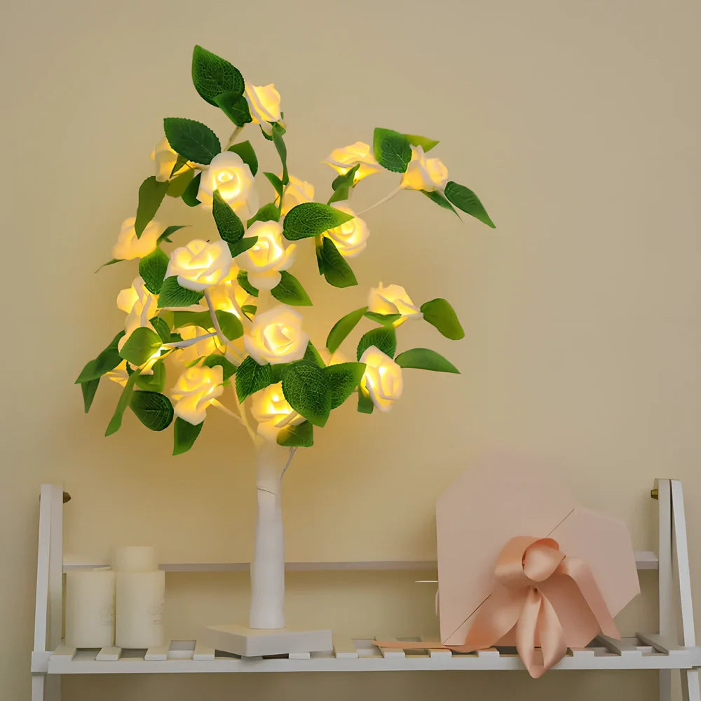 Rose LED flower tree lamp with 24 white LEDs on 550mm plastic structure for home decoration