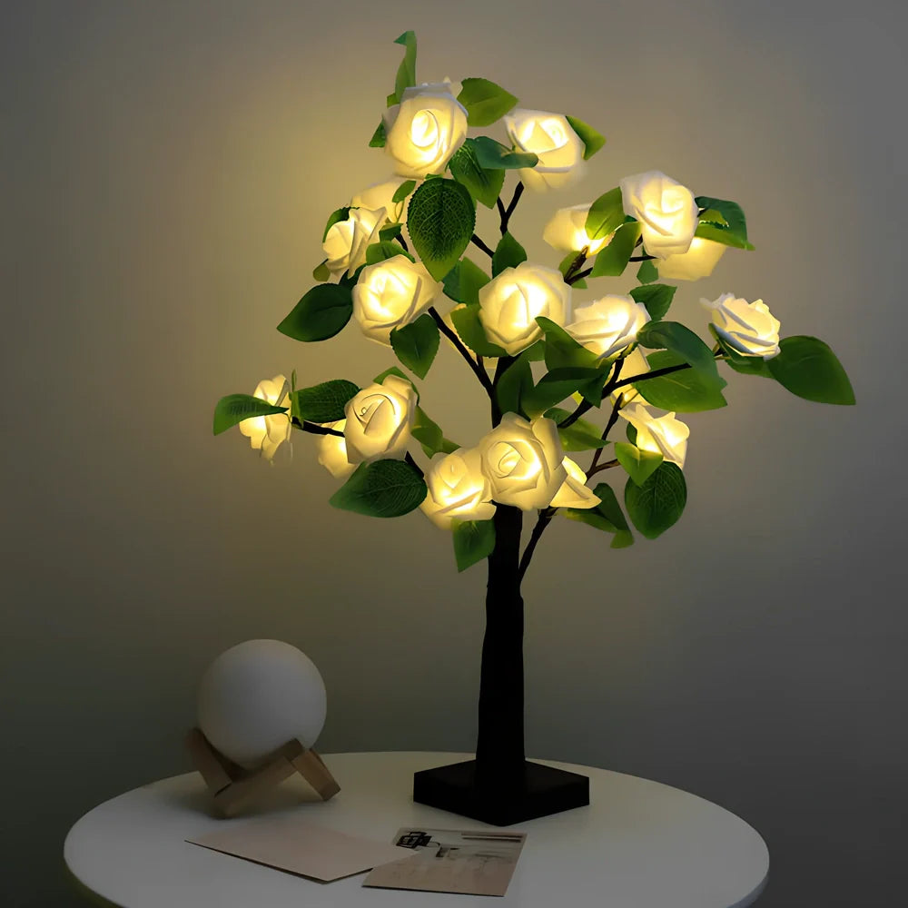 Rose LED flower tree lamp with 24 white LEDs on 550mm plastic structure for home decoration