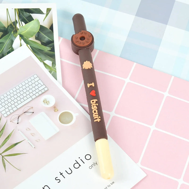 Korean gel pen chocolate stick scented needle tube gel pen with black ink for signatures, featuring a soft gelatin 0.5mm needle tip, plastic penholder, water-based ink, and a cap closure in a set of 5 assorted softgel chocolate bar colours.