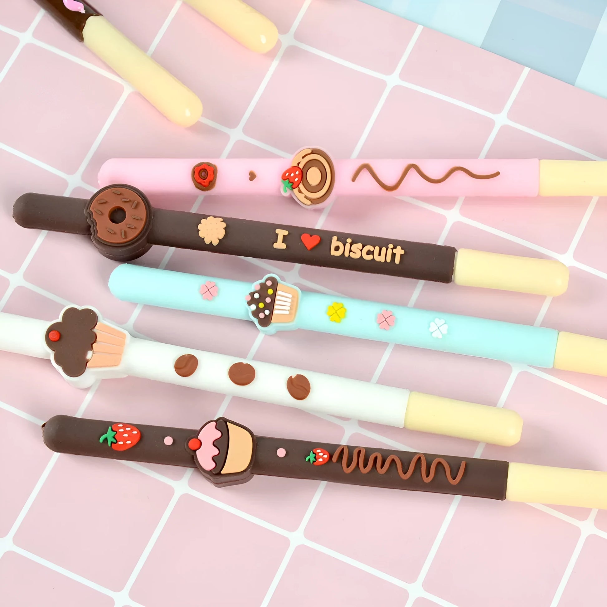 Set of five scented soft gelatin chocolate bar themed gel pens with 0.5mm needle tips.