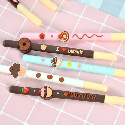 Set of five scented soft gelatin chocolate bar themed gel pens with 0.5mm needle tips.