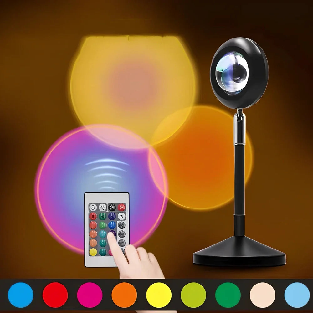 Rainbow sunset projector lamp with remote control showing colourful wall lighting effects