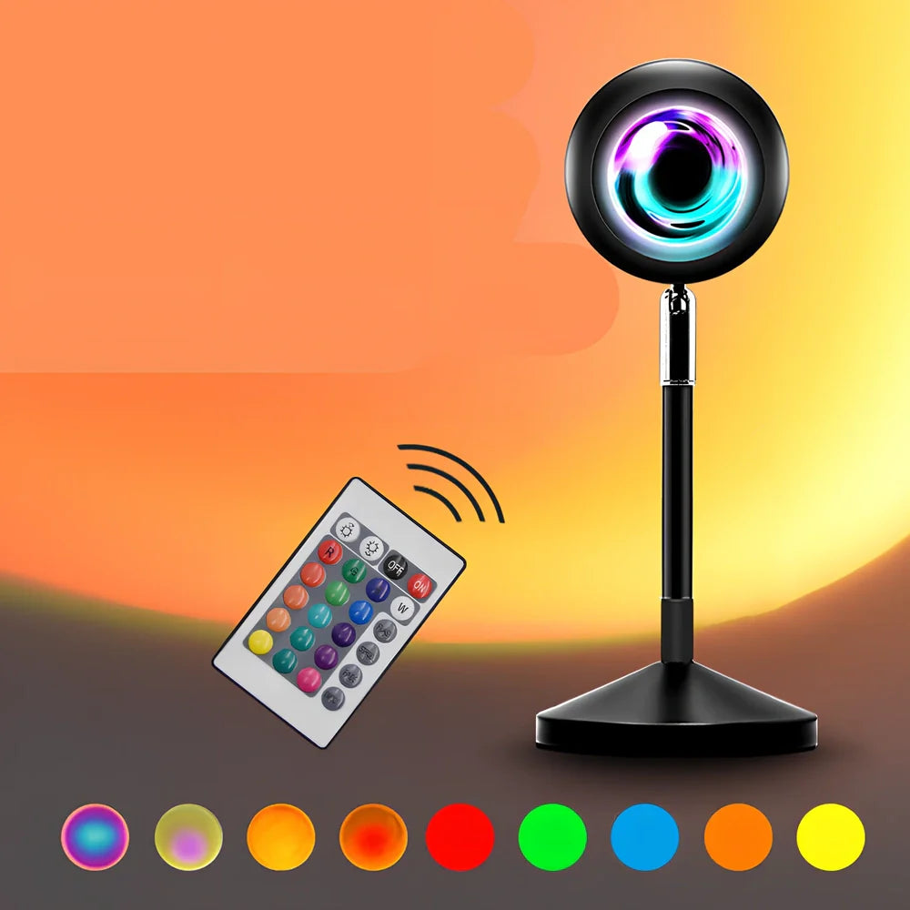 Rainbow sunset projector lamp with remote control showing colourful wall lighting effects