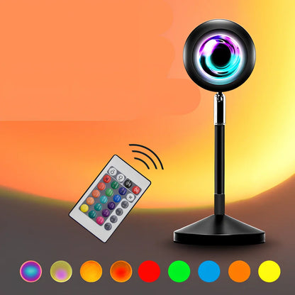 Rainbow sunset projector lamp with remote control showing colourful wall lighting effects