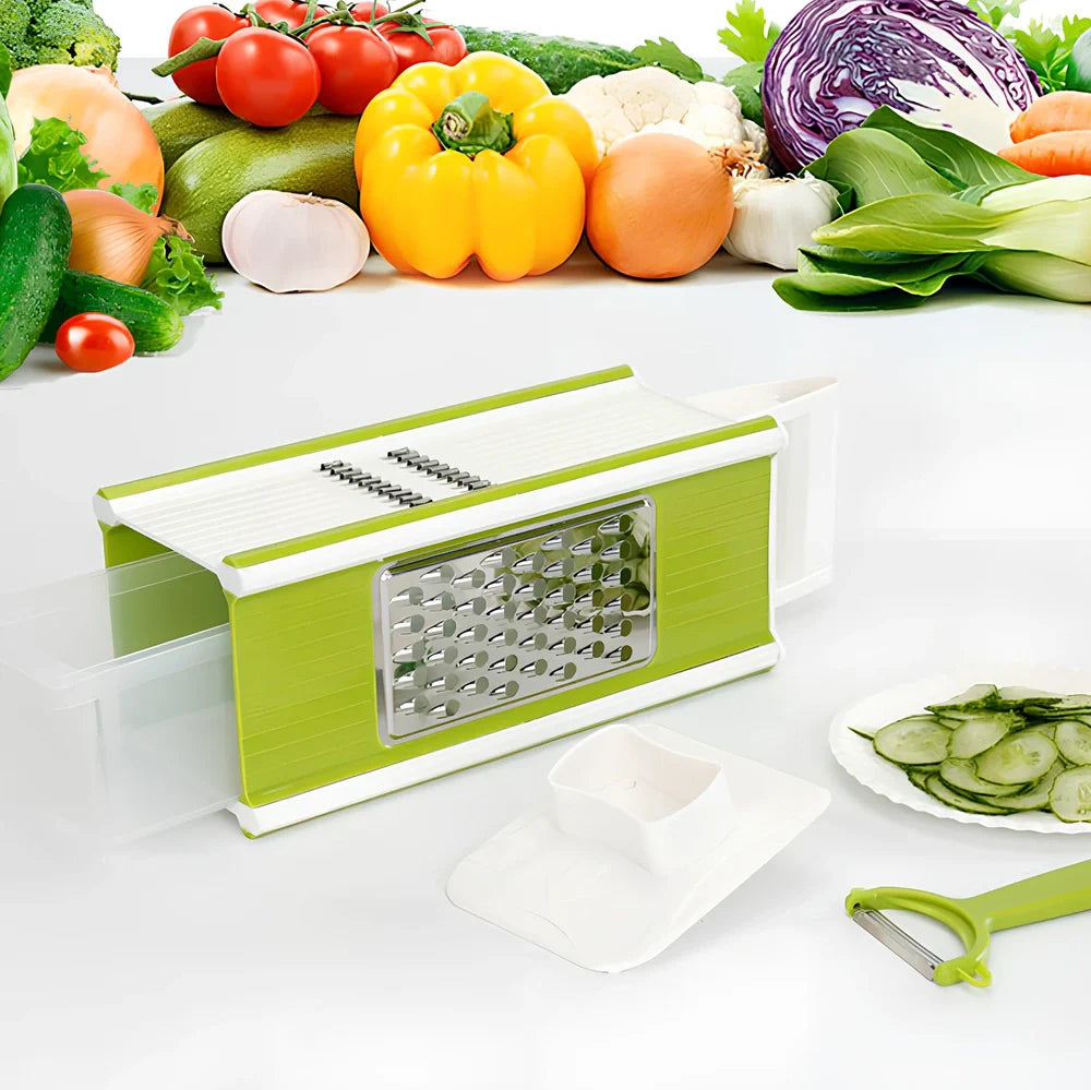 Multifunctional kitchen vegetable cutter with 32.7cm length and multiple blade attachments on countertop