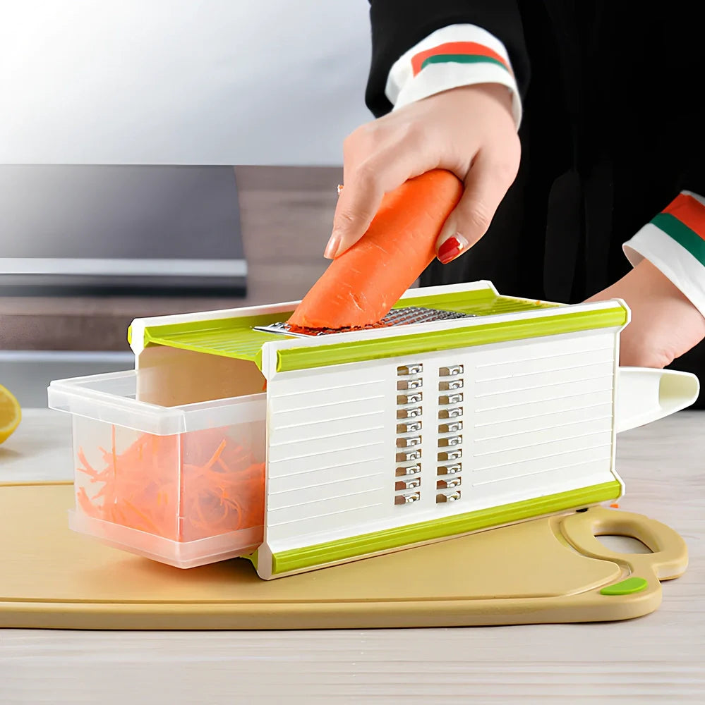 Multifunctional kitchen vegetable cutter with 32.7cm length and multiple blade attachments on countertop