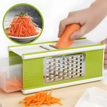 Multifunctional kitchen vegetable cutter with 32.7cm length and multiple blade attachments on countertop