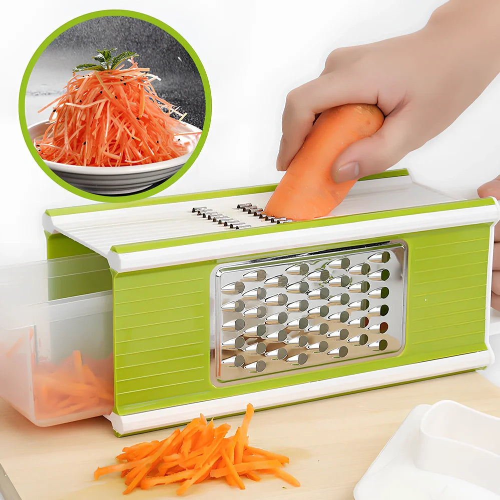 Multifunctional kitchen vegetable cutter with 32.7cm length and multiple blade attachments on countertop
