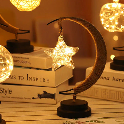 LED Moon Star Shape Copper Wire Lamp with glass pendants and USB/battery power options